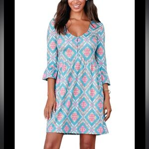 Cabana Life Manchester Baby doll Blue/ Green Ruffled Sundress with Bell Sleeves